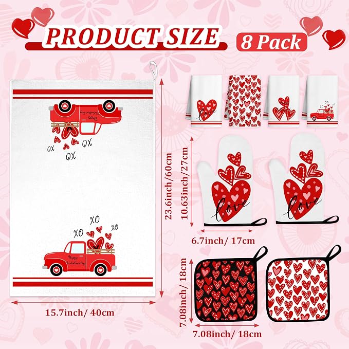 8 Pcs Red Heart Kitchen Decor and Accessories Set 4, Kitchen Dish Towels, Red Love Heart 2 Oven Mitt 2 Pot Holders for Home Decoration Cooking Baking, Mom Daughter Gift Housewarming