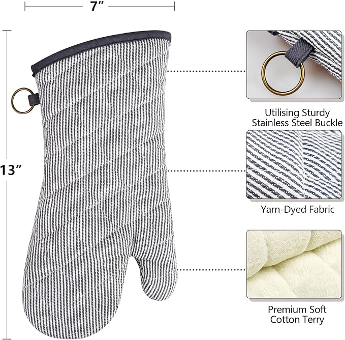 Yarn Dyed Oven Mitts 1 Pair, 100% Cotton Heat Resistant 470 Degree | Oven Gloves for Men Women Cooking Baking Barbecue BBQ Microwave Crafting Machine Washable Pot Holders Mittens (Grey 2)