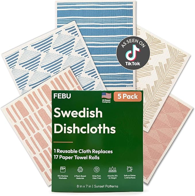 Swedish Dishcloths for Kitchen, 5 Pack, Sunset | Reusable Paper Towels Washable, Swedish Dish Towels, Non-Scratch Cellulose Sponge Cloths, No Odor, Biodegradeable