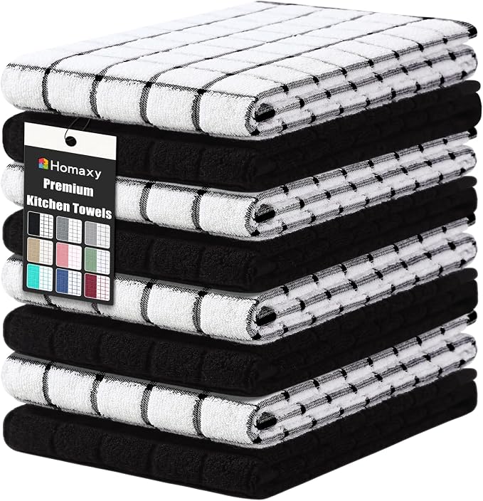 Homaxy Large Premium Cotton Kitchen Towels 16"x 28", 8 Pack, Black | Natural Ring Spun 390 GSM Dish Towels, Super Absorbent Terry Kitchen Hand Towels, Soft Tea Towels with Hanging Loop