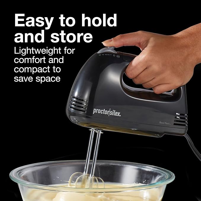 Proctor Silex Easy Mix 5-Speed Electric Hand Mixer with Bowl Rest | Compact and Lightweight | 100 Watts of Peak Power | Black | 62507PS