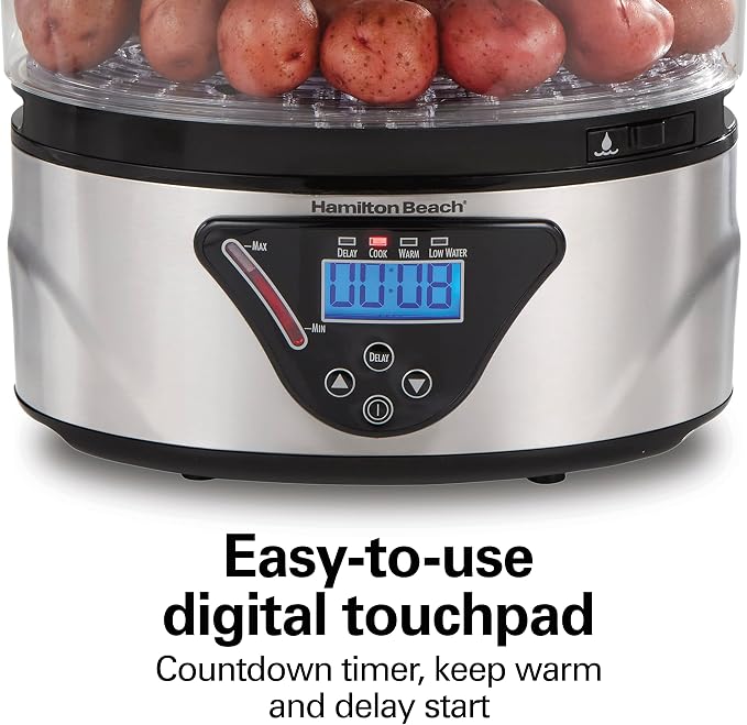 Hamilton Beach Digital Electric Food Steamer, Rice Cooker & Egg Boiler | For Quick Healthy Cooking | 8.25 Qt. Stackable Three-Tier Bowls For Vegetables and Seafood | Auto Shutoff | Black & Stainless