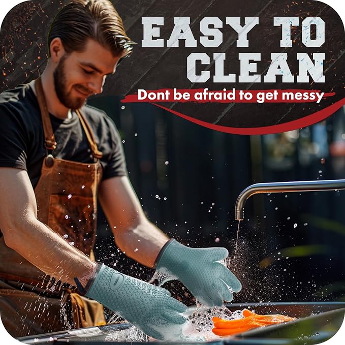 KITCHEN PERFECTION XL Silicone Smoker BBQ Gloves -Heat Resistant Oven Mitts | Waterproof, 5-Finger Design For A Better Grip, for Pitmasters, Meat Smoking, Grilling, Cooking, Frying Turkey | Grill Gift