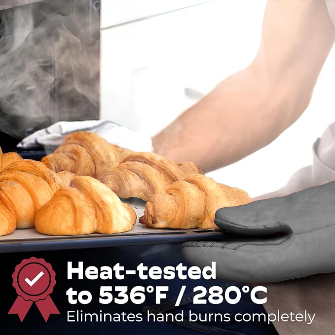 Silicone Mini Oven Mitts - Grey Set of 2 - Heat Resistant to 536 F / 280 C Kitchen Gloves Professional Grade Pot Holders for Cooking Baking