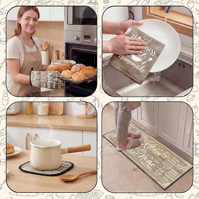 10 Pcs Kitchen Decor and Accessories Set, Farmhouse Brown | Rustic Wood Baking 4 Dish Towels Kitchen Rugs 2 Oven Mitts 2 Pot Holders, Home Decor for Cooking Baking BBQ Housewarming