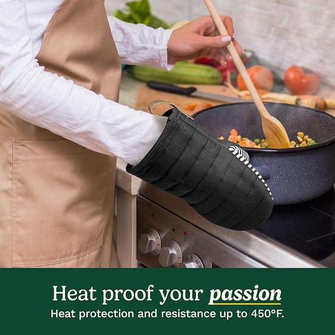 Cuisinart Mini Oven Mitts, 2-Pack 5.5"x8", Printed Silicone, 450F | Non-slip grip stripes, faux leather hang loop, cotton lining for comfort, ambidextrous for baking, cooking, and cast iron