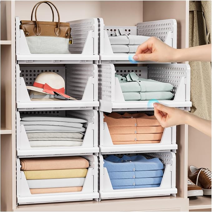 8 Pack Stackable Closet Storage Basket - Stackable Storage Bins | Multifunctional & Foldable Closet Organizer Waterproof, Wardrobe Cupboard Space-Saving Storage Drawer Organizer