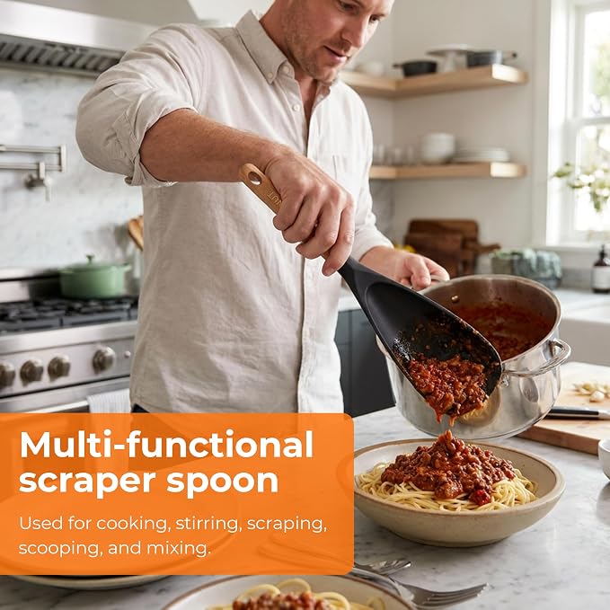 13" & 11" Silicone Cooking Spoons 2-Pack with S-Hooks - Wooden Handle Spoonula Set for Nonstick Cookware - Heat Resistant 446°F Spatula Spoon for Mixing & Serving, BPA Free
