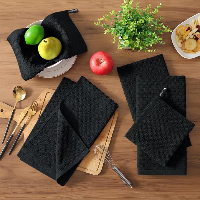 Homaxy 100% Cotton Terry Kitchen Towels(15" x 25", 4 Pack), Black | Soft and Super Absorbent Dish Towels, 380 GSM Reusable Tea Towel with Hanging Loop, Pineapple Grid Designed
