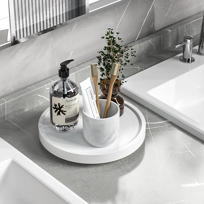 Turntable Vanity Tray, 9 Inch Bamboo Kitchen Sink Countertop Organizer | Perfume Candle Tray, Keep Glass Sponge and Soap, Bathroom Countertop Organizer, White