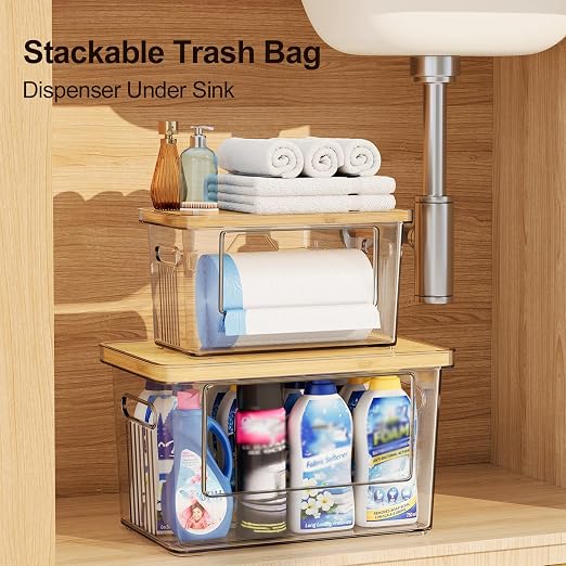 2 Pack Trash Bag Holder with Bamboo Lid, Stackable Acrylic Trash Bag Dispenser Roll Holder Under Sink, Plastic Container Garbage Bags Storage Organizer for Kitchen, Pantry, Laundry Room Organization