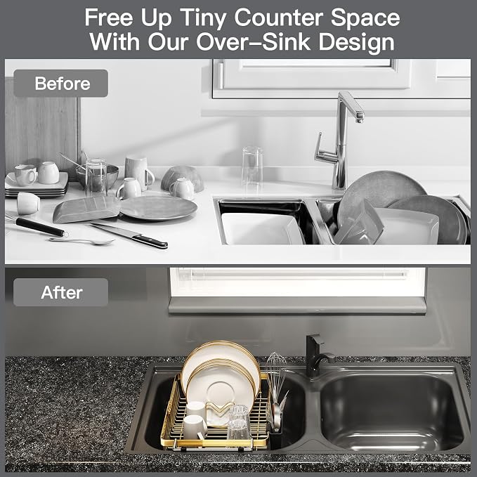 Gold Dish Drying Rack Over The Sink with Utensil Holder | Expandable Stainless Steel Dish Drainer for Small Kitchen, Apartment, RV, Counter Space Saving, Perfect Fit, Rustproof