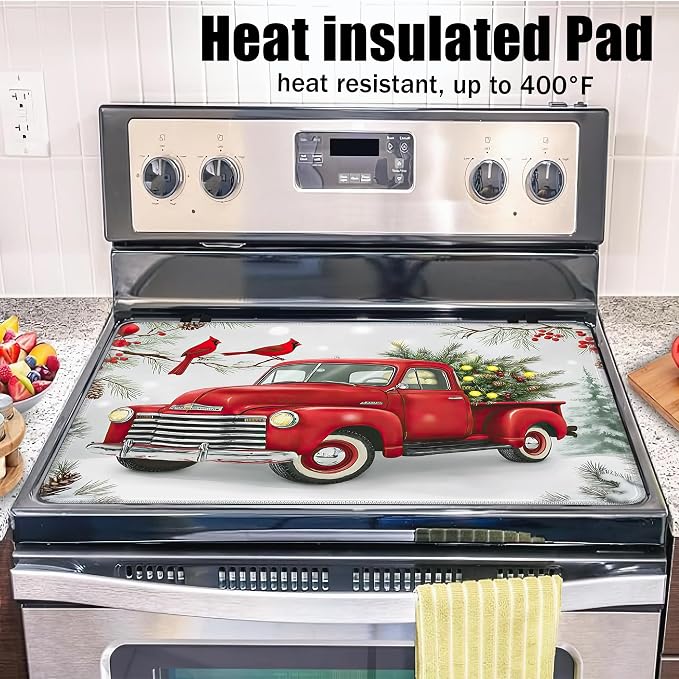 Electric Stove Top Cover,Christmas Truck Stove Cover for Glass Top Electric Stove,Winter Cardinal Bird Heat Resistant Flat Top Stove Mat Countertop Protector, 28 x 20 Inch