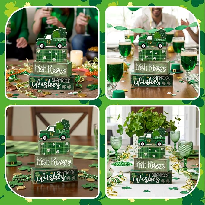 Lineshading 4 Pcs Wooden Shamrock Tiered Tray Decor St Patrick Block Signs | Green Truck Topper with Irish Kisses Blocks, Rustic Farmhouse Tabletop Decorations for Home, Stackable Display