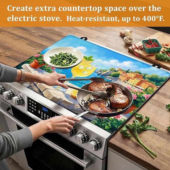 Stove Top Covers for Electric Stove,Summer Lemon Juice Flat Top Stove Cover,Potted Flowers Heat Resistant Glass Top Stove Cover Protector Anti-Slip Range Covers, 28 x 20 Inch