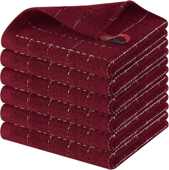 Homaxy 100% Cotton Terry Kitchen Dish Cloths, 6 Pack, Burgundy | Ultra Soft and Absorbent, Suitable for Drying and Washing Dishes