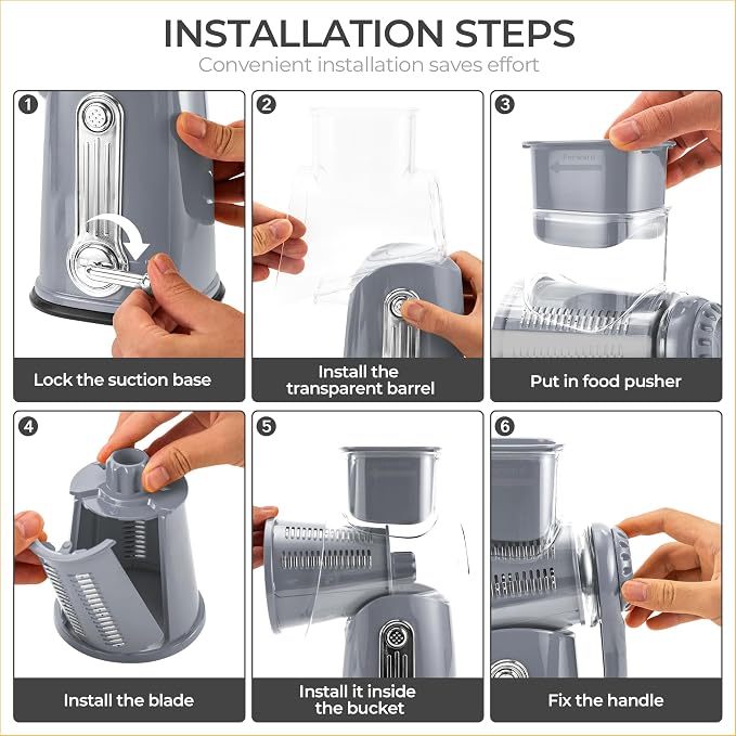 SUSTEAS Rotary Cheese Grater 5 Blades,Kitchen Mandoline Vegetable Slicer | Gray, Easy to Clean, Strong Suction Base, 5 Blades Storage Box, Round Mandoline Slicer & Food Chopper for Salad