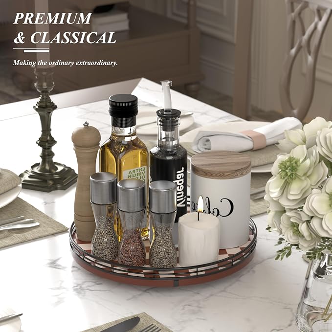 AMH 12-Inch Brown Checkerboard Lazy Susan with Black Metal Rail | Smooth rotating oak tray with walnut finish for dining tables, kitchen counters, pantries and cabinet storage.