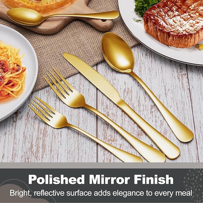 Runfly 60-Piece Gold Flatware Set, Stainless Steel Cutlery Set for 12 | Mirror Polished Durable Utensil Set Includes Knife Fork Spoon for Home Kitchen Restaurant Tableware