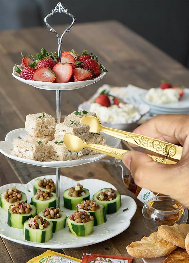 HINMAY 6PCS Mini Serving Tongs 5" Small Rose Appetizer Tongs (Gold) | Tiny Metal Tong for Tea Party, Coffee Bar, Desserts