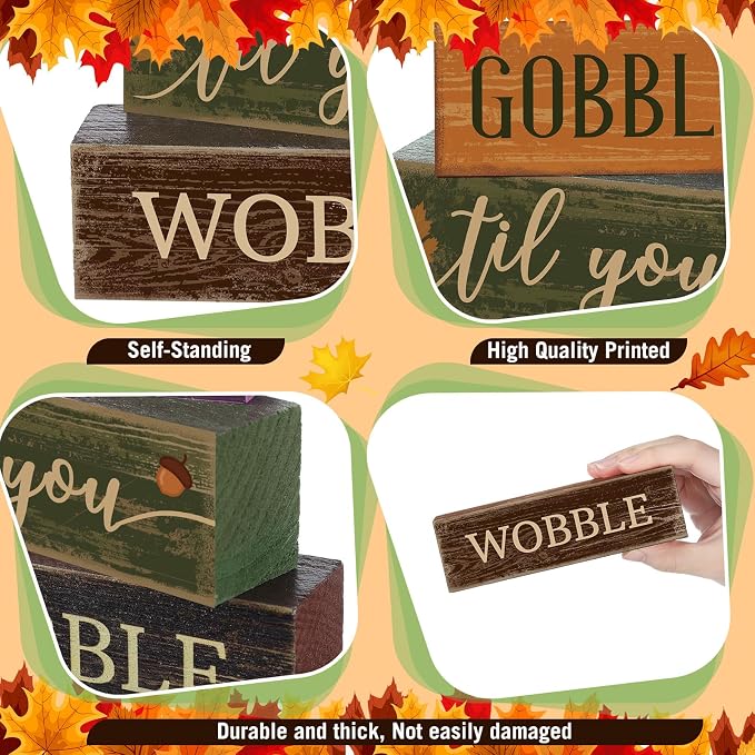 Lineshading Wooden Turkey Thanksgiving Decor Gobble Fall Table Sign Rustic | Stacked Blocks with Wobble Phrase, Rustic Farmhouse Style for Tiered Tray Centerpiece, Harvest Autumn Kitchen Table Accents