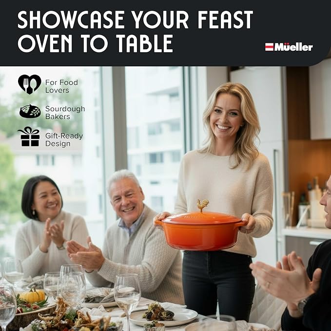 MUELLER HOME 5.5 Quart Enameled Cast Iron Oval Dutch Oven w Rooster Knob & Cotton Potholders, Heavy-Duty Cookware, Oven-Safe up to 500° F & Across All Cooktops, Gifts for Grandma & Women, Orange | Rooster Knob, Cotton Potholders Included, Heavy-Duty Co...
