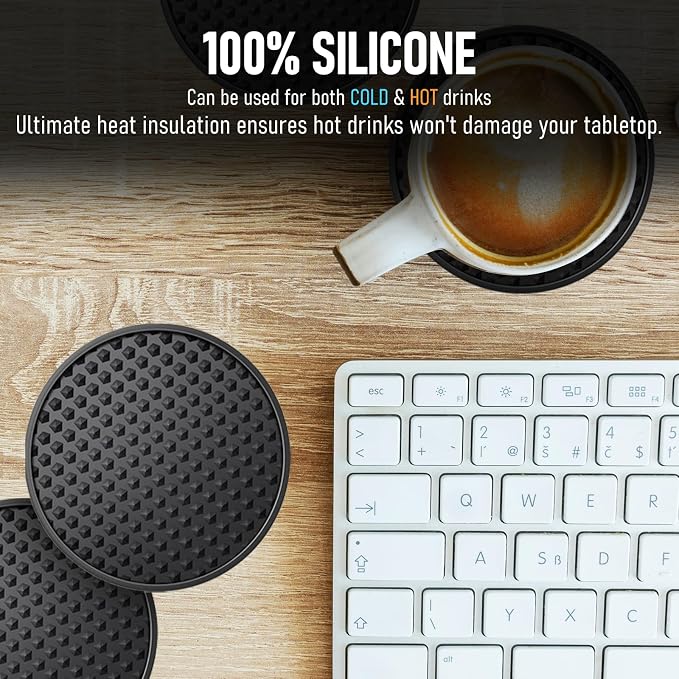Silicone Coasters 6 Pack with Holder, Non-Slip Non-Stick Heat Resistant Cup Mat, Washable for Home Office Bar (Black)