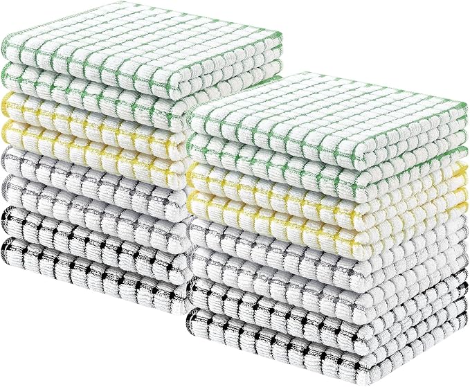 Homaxy 16 Pack Terry Kitchen Dish Cloths, 12"x12", Black/Grey/Green/Yellow | Super Soft and Absorbent Dish Rags, Quick Drying Reusable Dish Towels for Washing Dishes