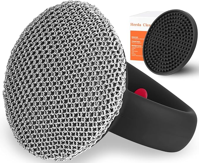 Cast Iron Cleaner Scrubber+Tray Heavy Duty Handle, 3mm Welded Chain Mail | Fine Ring,Stainless Steel Sponge Chainmail Scrubber, Skillet Oven Grill Cleaning Metal Brush -Dishwasher Safe,Heat Resistant