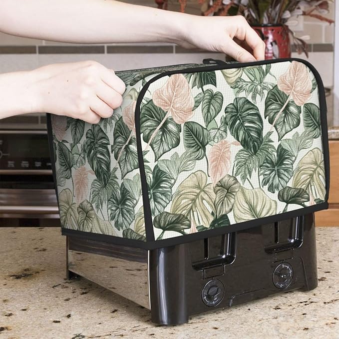 2 Slice Toaster Cover Tropical Leaf Pattern Dust Proof Washable Kitchen Appliance Cover with Pocket, Oxford Fabric Countertop Toaster Protector for Standard Toasters Small Appliances