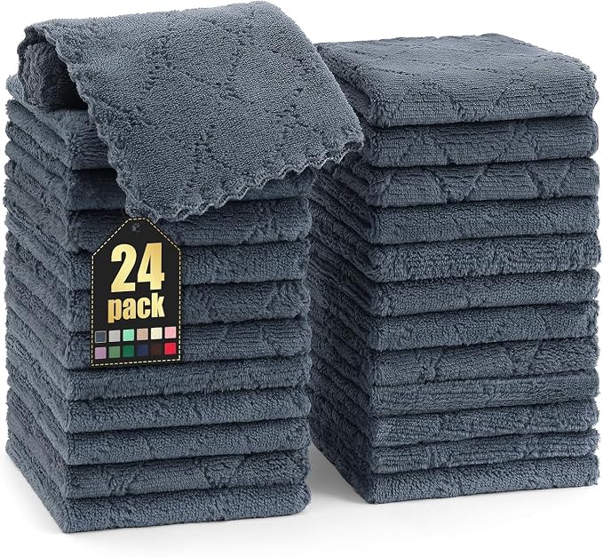 Homaxy 24 Pack Super Soft & Absorbent Dish Cloths, 10" x 10", Dark Grey | Coral Velvet, Nonstick Oil Fast Drying Microfiber Cleaning Cloth, No Lint Household Dishcloths