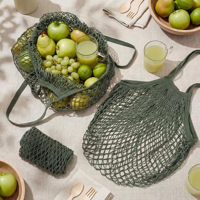 Woanger 24 Pcs Green Long Handle Reusable Cotton Mesh Produce Shopping Bags Washable Grocery Net Portable Fruit and Vegetable Cotton String Bags Net Tote Organizer