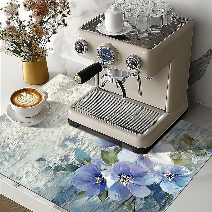 HOMETITUTE Blue Blossom Stove Top Cover 28x20 Elegant Floral Diatomite Mat
