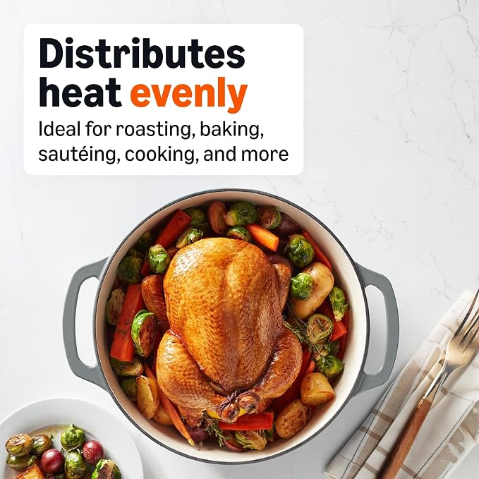 Amazon Basics Enameled Cast Iron Dutch Oven Pot with Lid, Round, Dual Handles, Heavy-Duty, Oven Safe for Stews, Roasting, Baking, 7.3-Quart, Gray