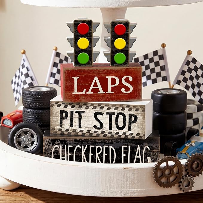 Lineshading 4 Pcs Race Car Wooden Tiered Tray Decor Tabletop Block Signs | Traffic Lights Pit Stop Checkered Flag Design, Boys Racing Birthday Party Room Decorations, Theme Display