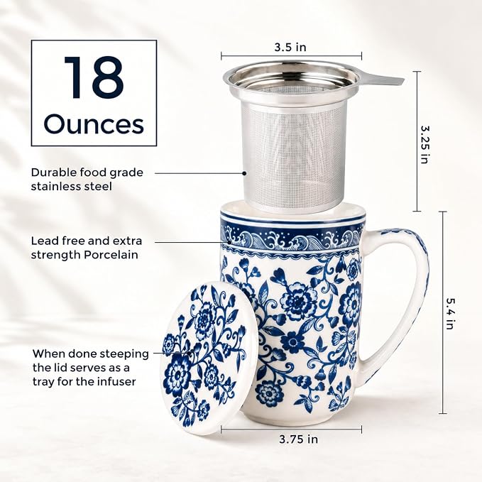 AmorArc Tea Cup With Infuser and Lid, 18oz Loose Leaf Tea Mug With Steeper | Porcelain Tea Mug With Infuser and Lid, Large Strainer Tea Cup with Lid for Tea, Coffee Mug for House-warming Birthday Gift