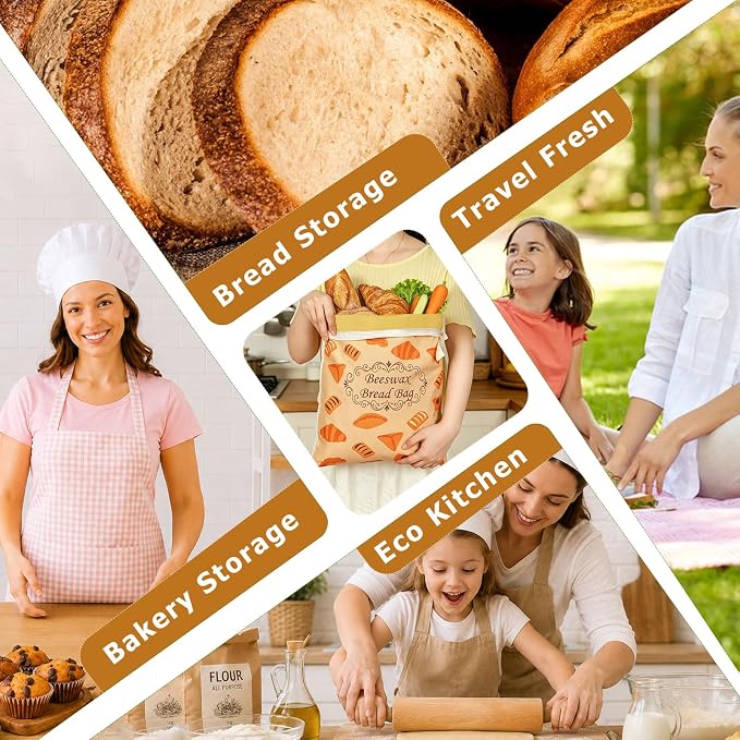 2 Pack Reusable Cotton Sourdough Beeswax Bread Bags with Wide Zipper, Brown | XL(13.3x16.9in) Portable Bread Storage with Handle, Washable, Keep Fresh, Fit Homemade Sourdough Bread, Ideal for Gift-Giving