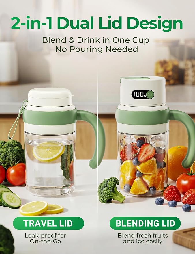 Portable Juicer Blender Cup, USB-C Rechargeable, Green | LED display, cordless use and dual lids for fruit drinks, protein shakes and small ice cubes; 500ml max blending.