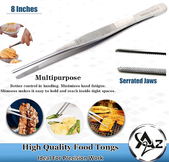 Professional Culinary Stainless Steel Precision Tongs with Serrated Tips, Plating/Food Presentation Detailing Serving Tongs, Chef's Kitchen Tweezer Tongs - Ultra Non-Slip Grip (8 Inch)