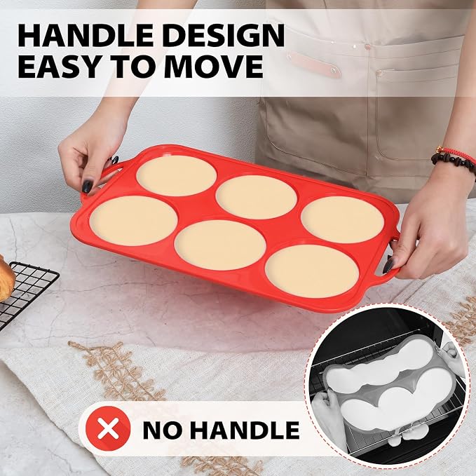 4 Inch Muffin Top Pan Non Stick with Metal Frame, Silicone Egg Molds | for Breakfast Sandwiches, Large Round Whoopie Pie Baking Pan with Handle for English Muffin, Egg Bite and Oven, Red Toeusog