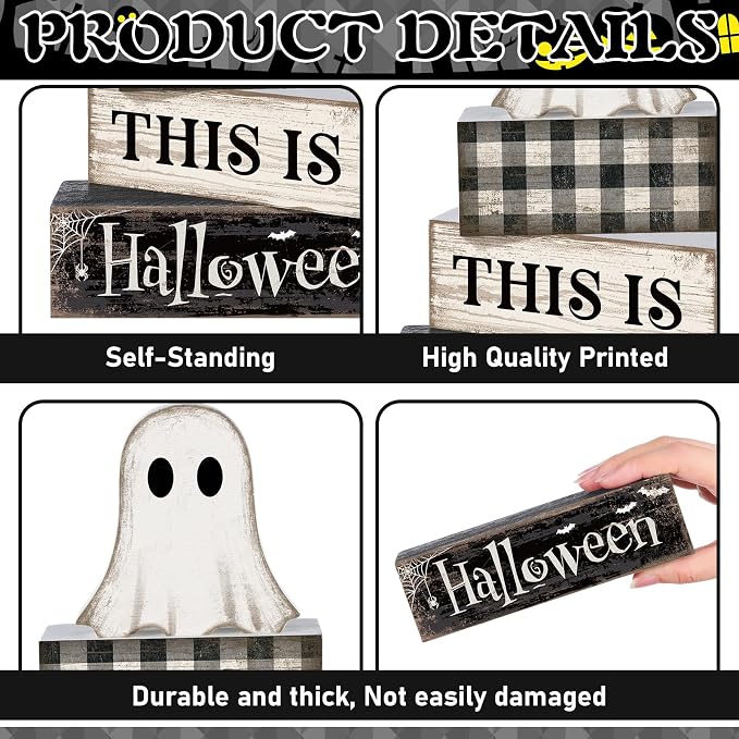 Lineshading 4 Pcs Halloween Table Decor For Home Ghost Tiered Tray Decor | Stacked Blocks with Ghost and Plaid, Rustic Wood, For Tabletop Shelf Mantel, Halloween Farmhouse Home Styling, Gift Ready