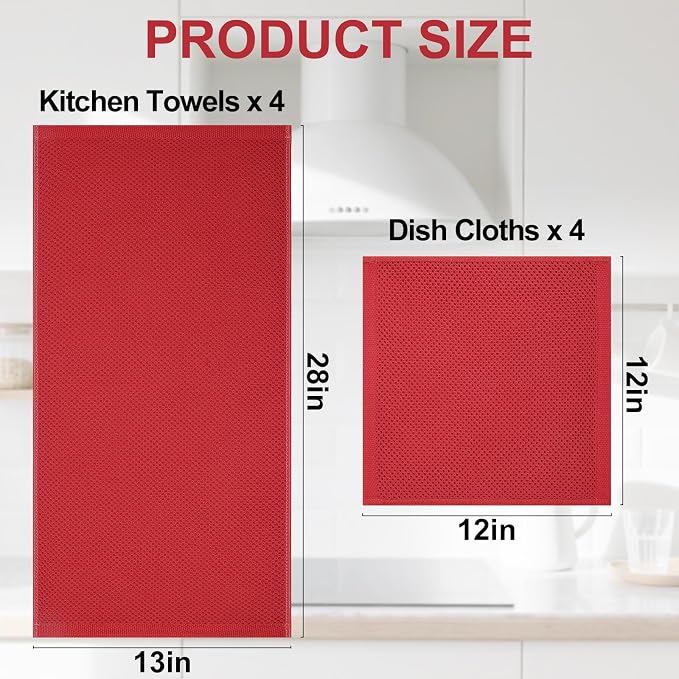 Homaxy 8 Pack 100% Cotton Kitchen Towels and Dishcloths Set, Red | 12 x 12 Inches and 13 x 28 Inches Kitchen Towels Set, Ultra Soft Absorbent Dish Cloths for Washing Dishes