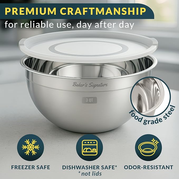 Baker's Signature Stainless Steel Mixing Bowls With Lid | Metal Bowl Set Of 3, Nesting Set For Food Prep, Baking,Storage, Cooking, Serving | Dishwasher Safe, Silver, 1.5/3/5 Qt