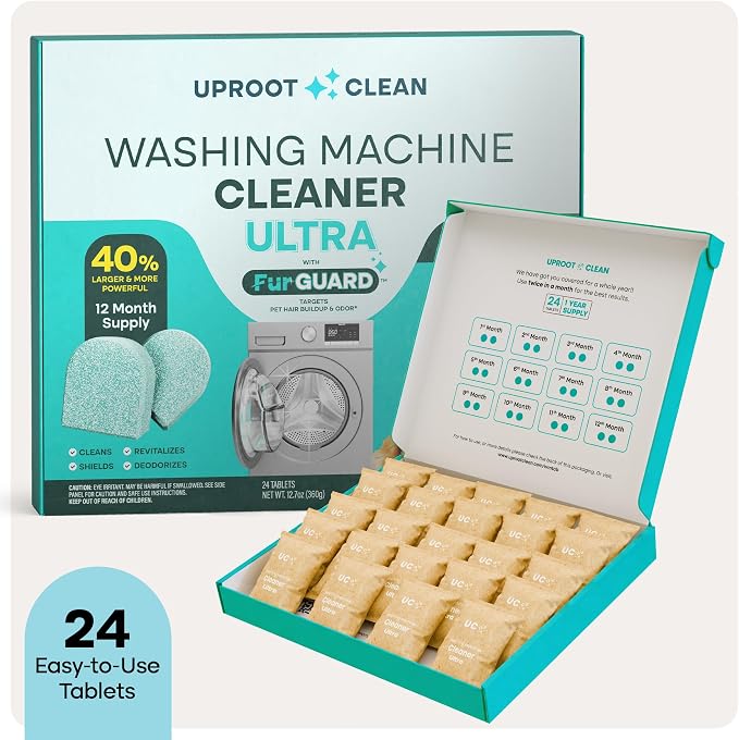 Uproot Clean Washing Machine Cleaning Tablets Ultra 40% Stronger, 24 Pack | HE/Top/Front Load Compatible, 12 Month Supply, Removes Residue, Grime, & Odors, Septic Safe. Formulated for Pet Owners