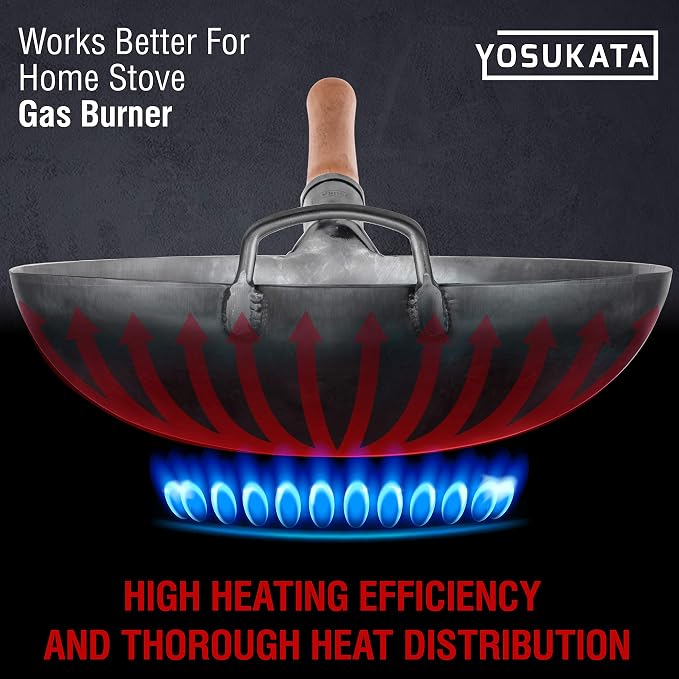 YOSUKATA 14” Round Bottom Carbon Steel Woks and Stir Fry Pans – Unseasoned Pow Wok for Stir Fry, BBQ & Camping – Hand-Hammered Traditional Japanese and Chinese Pan – Gas Stove, Open Fire Only | Suitable for Gas Stoves and Open Fires - Traditional Chine...