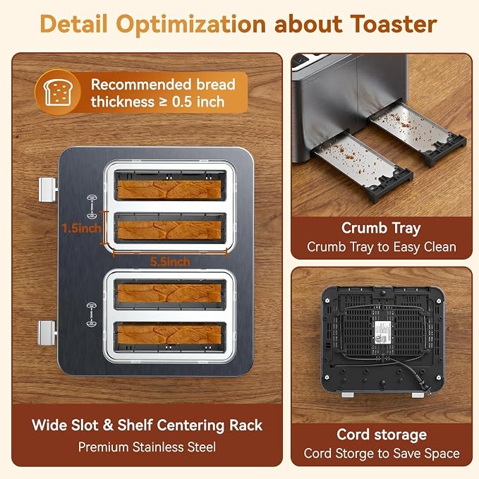 Mecity 4 Slice Touchscreen Toaster, 6 Bread Modes & 6 Browning Levels, Dual Touch Control Wide Slot Stainless Steel Electric Toaster with Memory, Defrost, 3-Min Auto Shutoff for White, Bagels, Waffles