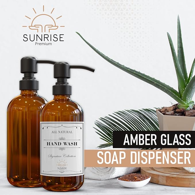 Amber Glass Soap Dispenser Matte Black with Pump, 16 oz | Amber Glass, Matte Black Stainless Steel Pump Hand and Dish,Bathroom and Kitchen Sink Use 6 Waterproof (Pack of 2)
