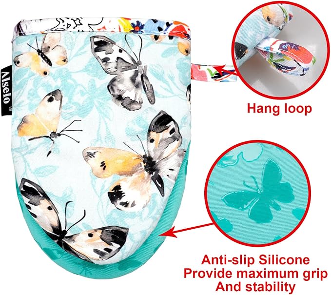 Alselo Mini Oven Mitts 2-Pack Set,Silicone Little Kitchen Gloves | Heat Resistant with Non-Slip Grip and Soft Quilted Cotton Lining for Safe Backing Cooking Barbecue (Turquoise, Butterfly, 2)