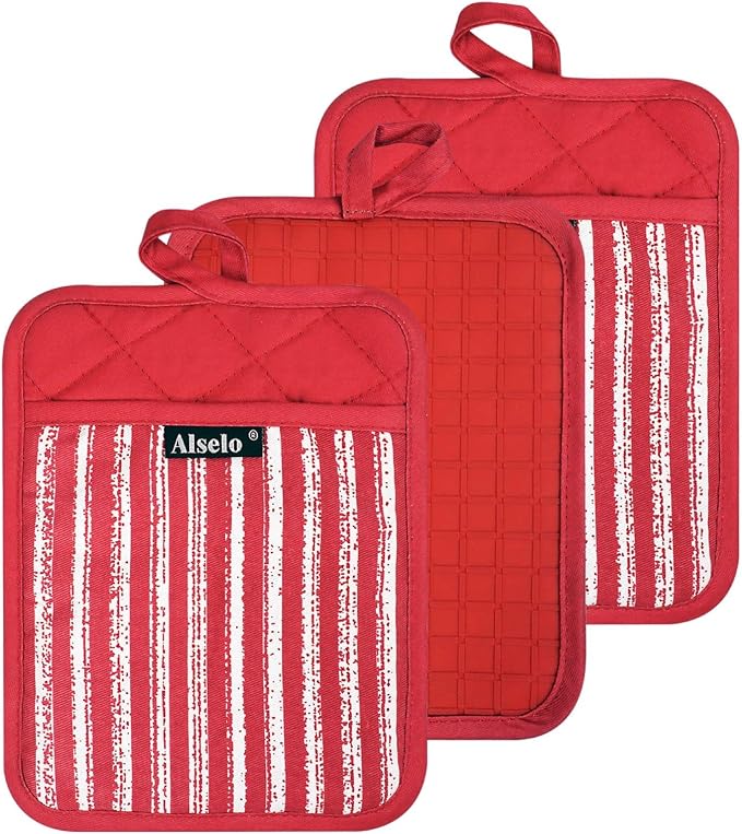 Alselo Silicone Pot Holders Set of 3 Heat Resistant & Non Slip Potholders | Professional Oven Hot Pads with Pockets Mitts for Kitchen Cooking Baking Barbecue (Red, 3)