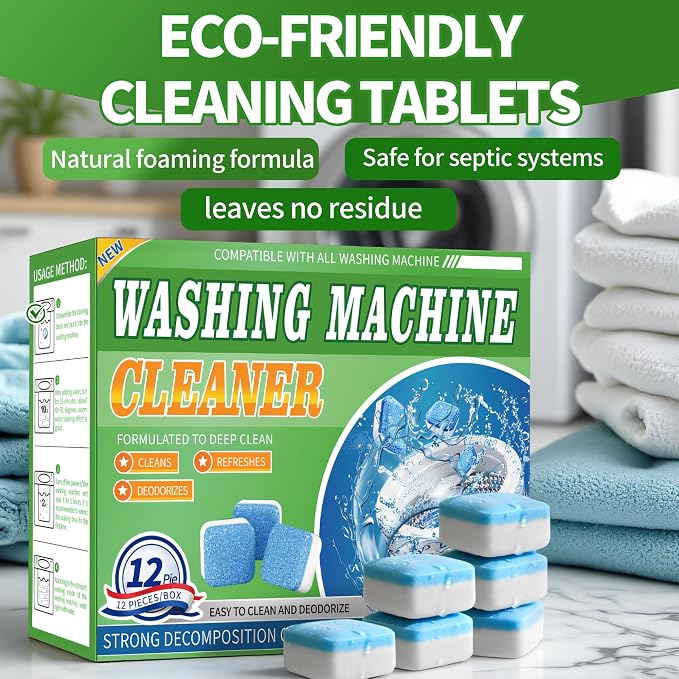 Washing Machine Cleaner Tablets 12 Pack - Deep Cleaning Tablets | for HE Front & Top Load Washers, Septic Safe, Eco-Friendly, Removes Residue & Odors
